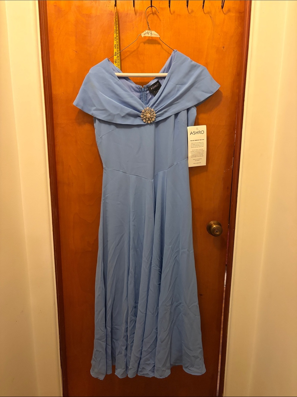 ASHRO Powder Blue Off-Shoulder Maxi Dress with Brooch